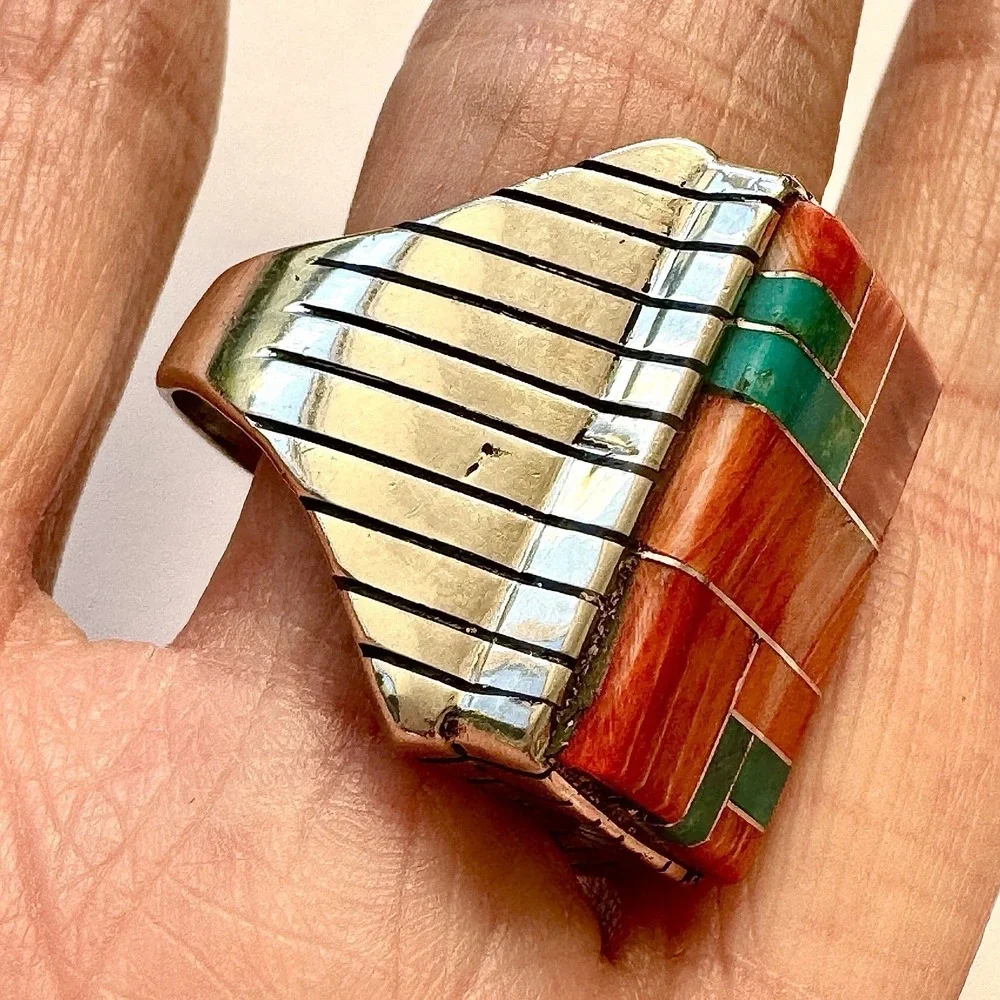 Turquoise Multi Stone Inlay Mens Ring Sz 13 Navajo Sterling‎ Signed T Jack 22mm